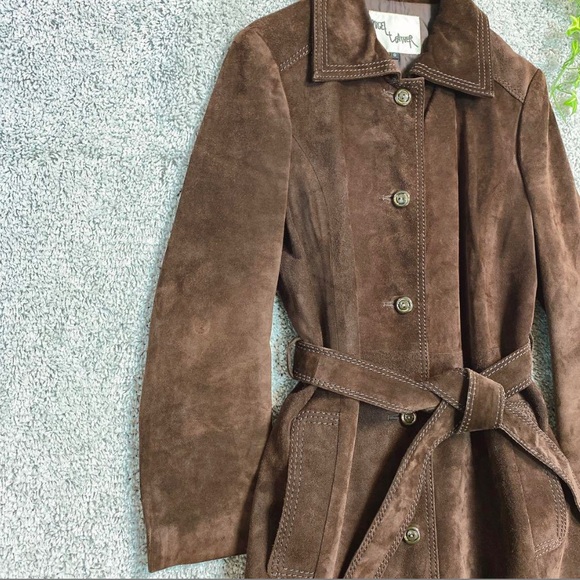 Brown Suede Leather Trench Coat - Picture 7 of 14